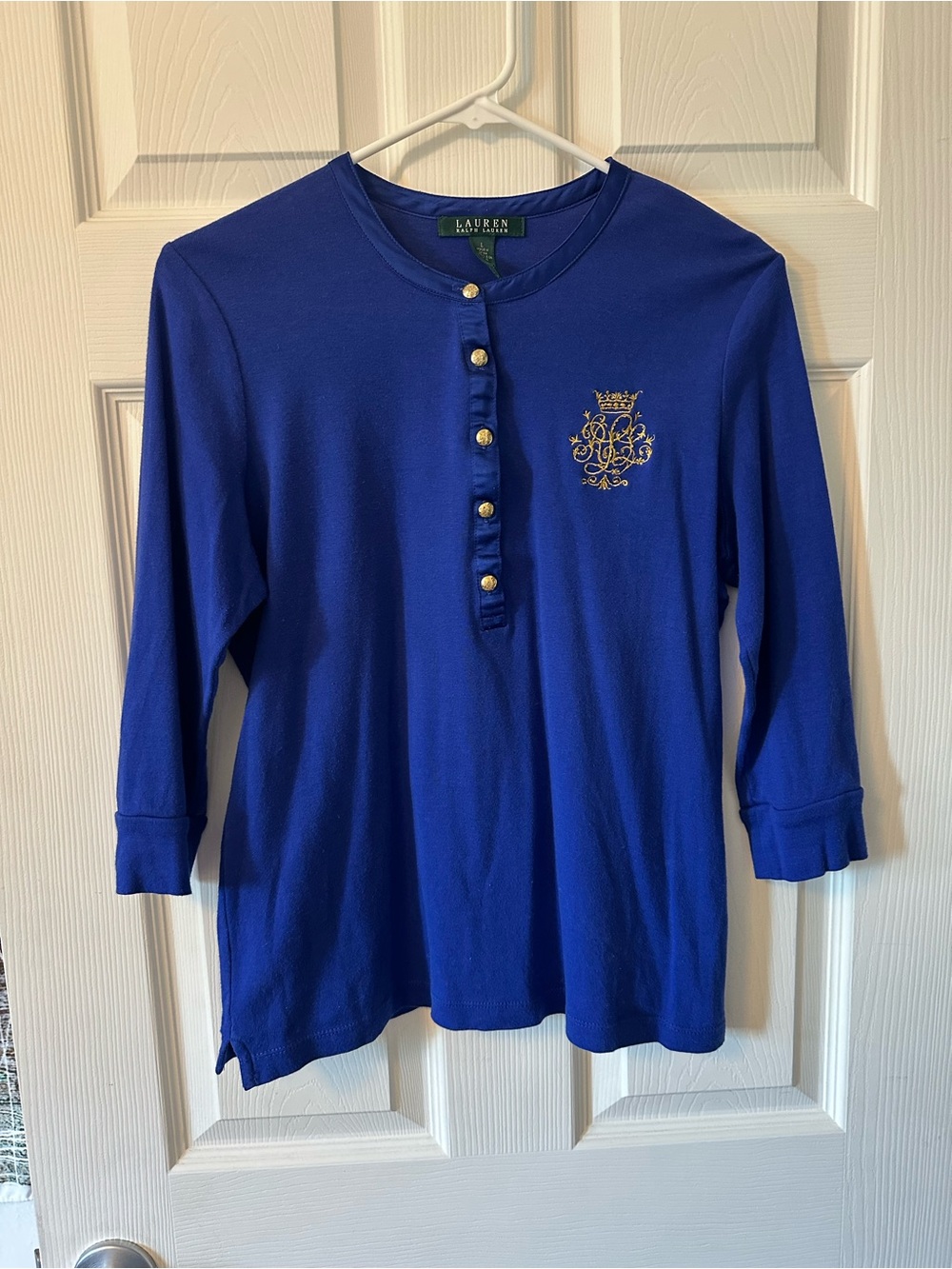 Lauren Ralph Lauren Royal Blue Button-Front Crest Henley Top
